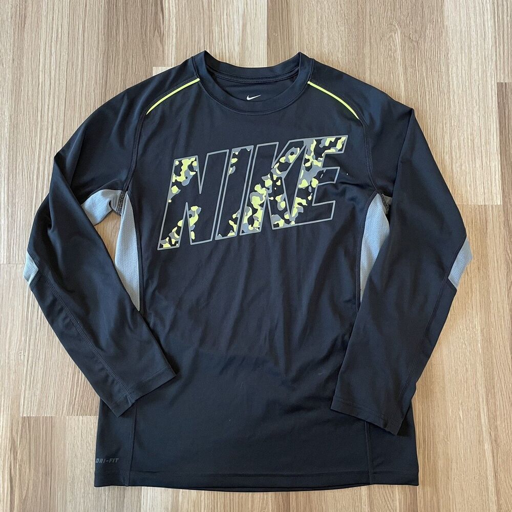 Nike Boys Sz L Dri-FIT Long Sleeve Shirt Black Camo Logo Neon Active Sporty EUC